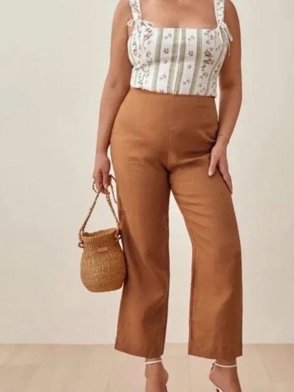 Reformation Justin High Rise Linen Pants Trousers Barely Brown Womens 6